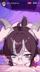 ai_assisted ai_generated artist_signature bags_under_eyes bedroom brown_hair comments fellatio freckles from_above goat_ears goat_girl goat_horns goat_tail green_eyes heart heterochromia horn_grab kurly435 livestream looking_at_viewer medium_breasts medium_hair mira_(kurly435) pov red_eyes round_glasses streaked_hair tearing_up tik_tok white_hair