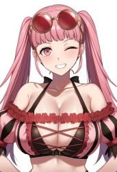 big_breasts breasts cleavage collarbone female fire_emblem fire_emblem:_three_houses fire_emblem_heroes highres hilda_valentine_goneril hilda_valentine_goneril_(summer) long_hair looking_at_viewer nintendo pink_eyes pink_hair pyo_3300 simple_background solo sunglasses swimsuit upper_body wavy_hair white_background