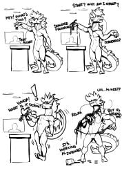 anthro comic dialogue dragon drone dronification furry goo_creature goo_transformation hair humanoid laboratory latex male male_only monochrome muscles muscular muscular_male null reptile slime solo solo_focus solo_male transformation trencalos