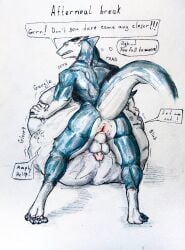 absurd_res anthro anus anxiousboar ass belly bodily_fluids colored cum digestion fin fish genital_fluids genitals hi_res imprint kye_(disambiguation) leaking_cum loose_anus male marine mass_vore multiple_prey painting_(artwork) penis puffy_anus shaded shark solo speech_bubble traditional_media_(artwork) unexpected vore watercolor_(artwork)
