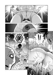 1boy beast_anime blood_from_pussy breasts cleavage comic dark-skinned_female dark_skin electrocution flashback male multiple_girls panties_aside penis pussy straight surprise_sex syringe vaginal_penetration
