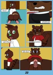 absurd_res anthro ass balls bed blue_eyes blush bodily_fluids brown_body brown_fur clothed clothing comic dialogue door english_text erection footwear fur furniture genitals green_eyes green_nose hi_res james_otis_smith legwear male mammal markings mustelid necktie open_mouth otter pattern_clothing pattern_footwear pattern_legwear pattern_socks penis procyonid raccoon reggie_rakun reggie_rakun_(character) socks striped_clothing striped_footwear striped_markings striped_socks striped_tail stripes sweat sweatdrop tail tail_markings text undressing_self