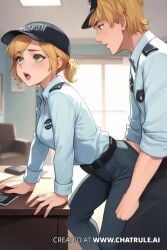 2d adult_content ai_generated anal_sex anime anime_girl anime_style aroused belt bent_over blonde_hair blue_carpet blue_shirt blush book bookshelves clipboard colored curtains desk desk_lamp detailed_background detailed_shading digital_art drawing dynamic_pose erect_nipples erotic explicit explicit_content five_nights_at_freddy's five_nights_at_freddy's:_security_breach five_nights_at_freddy's_2 fnaf framed_picture from_behind from_behind_position grabbing grabbing_from_behind green_eyes gun hand_on_desk handcuffs hentai holster indoors intimate light_blue_walls male medium_breasts muscular nsfw office office_chair office_desk office_supplies open_mouth papers penetration police_badge police_hat police_officer police_uniform ponytail realistic_proportions semi-realistic sex sexual_activity sexual_intercourse sexual_tension short_hair standing standing_behind sunlight surprised_expression sweat tagme uniform vanessa_(fnaf) video wall wall_art wall_clock watermark white_walls window