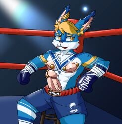 absurd_res akat/starfox big_nipples big_penis blue_body boxing_gloves boxing_shorts chair clothing ear_piercing ear_tuft facial_piercing fighting_ring fur furniture genital_piercing genitals handwear hi_res huge_cock huge_nipples humanoid lagomorph leporid male mammal nipple_piercing nipples on_chair penis penis_piercing piercing rabbit sitting sitting_on_chair solo tuft vein veiny_penis yellow_body yellow_fur