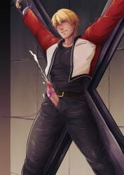 1boy arms_up belt big_penis blonde_hair blush captured clenched_teeth closed_eyes cum cum_explosion cum_splatter cum_string cum_trail ejaculation erection eyebrows_visible_through_hair fatal_fury fingerless_gloves foreskin_folds frenulum fully_clothed gay hal_(harenchiou) hands-free hi_res humiliation jacket jacket_open jeans legs_apart male male_only male_ryona mature_male offscreen_character orgasm resisting restrained restrained_arms retracted_foreskin rock_howard semen short_hair snk standing sweat sweatdrop tough_guy trembling uncensored uncircumcised uncut veiny_penis very_high_resolution vibrator vibrator_cord vibrator_on_penis wince yaoi