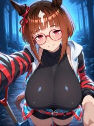 ai_generated animal_ears brown_hair costume female horse_girl markings_on_hair nipples_visible_through_clothing red_eyes ribbon_in_hair transcend_(umamusume) umamusume umamusume_pretty_derby