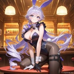 1girls ai_generated black_stockings blue_eyes breasts bunny_costume bunny_ears bunny_girl bunnysuit curly_hair detective_(silver_palace) drill_hair female female_focus female_only holster indoors large_breasts purple_hair red_pupils silver_palace solo solo_female stockings thick thick_thighs thighhighs thighs very_long_hair