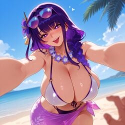 1boy 1girls ai_generated balecxi bangs bare_shoulders beach bikini blue_sky blush bracelet braid braided_ponytail breasts clavicle cleavage clothing cloud curvaceous curvaceous_female curvaceous_figure curvy curvy_figure day exhibitionism exhibitionist eyewear eyewear_on_head female female female_focus female_only flower flower_necklace front-tie_top genshin_impact hair_flower hair_ornament hair_over_shoulder halterneck heart heart-shaped_pupils hoyoverse huge_breasts inviting inviting_to_sex jewelry large_breasts leaning_forward long_hair looking_at_viewer male mole mole_under_eye navel necklace o-ring ocean open_mouth outdoor_nudity outdoors outside outstretched_arms palm_tree ponytail pov_hands presenting presenting_ass presenting_breasts presenting_hindquarters presenting_self purple_bikini purple_eyes purple_flower purple_hair purple_swimsuit raiden_shogun sand sarong seductive seductive_look seductive_smile single_braid sky smile solo solo_focus standing sunglasses swimsuit symbol-shaped_pupils thick_thighs thighs tongue tongue_out tree voluptuous voluptuous_female water white_bikini