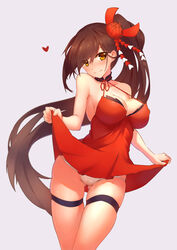 1girls absurdres azur_lane bare_arms bare_shoulders blush breasts brown_hair cleavage closed_mouth collarbone cowboy_shot dress dress_lift erect_nipples female female_only flower gallant99770 gluteal_fold grey_background hair_flower hair_ornament hair_ribbon halter_dress highres large_breasts lifted_by_self light-skinned_female light_skin long_hair looking_at_viewer panties pantyshot pantyshot_(standing) ponytail red_ribbon ribbon sakura_empire_(azur_lane) simple_background skindentation smile solo solo_female spider_lily standing thigh_gap thigh_strap thighs underwear upskirt very_long_hair white_background white_panties yellow_eyes zuikaku_(azur_lane)