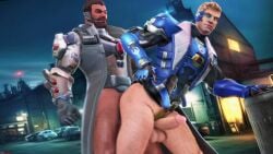 2boys 3d armor bara beard belt blonde_hair blue_eyes bottomless brown_eyes brown_hair building city domredsins facial_hair gabriel_reyes gay glasses gloves ground_vehicle handgun interracial jack_morrison male male_focus manly night overwatch overwatch_2 overwatch_archives penis pubic_hair reaper sex sex_from_behind sideburns smile soldier_24_reaper soldier_76 sound sound_warning standing strike_commander_morrison tagme video