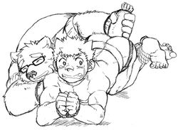 2017 anthro ass bear clothed clothing duo eyewear food food_play glasses human human_on_anthro male male_only mammal monochrome simple_background tokyo_afterschool_summoners volos white_background