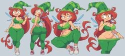 betilla_(rayman) big_ass big_breasts black_eyes dark_skin green_clothing green_hat hat long_hair nymph_(rayman) rayman_(series) rayman_origins red_hair stealth-brock thick_thighs thin_female thin_waist ubisoft wide_hips workout workout_clothes yoga yoga_pants