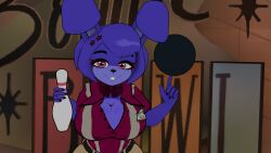 big_breasts bonfie bonnie_(cally3d) bonnie_(fnaf) bowling_ball bowling_pin breasts cleavage female five_nights_at_freddy's fnia fredina's_nightclub name_tag solo vrchat vrchat_avatar worker