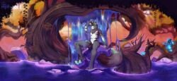 absurd_res anthro bathing cosmicat domestic_ferret foreskin fur genitals green_body green_fur green_penis hi_res huge_filesize ictonychine male mammal marbled_polecat mustelid musteline pawpads paws penis polecat_(mustelid) relaxing solo true_musteline uncircumcised waterfall weasel white_body white_fur zyel_(character)