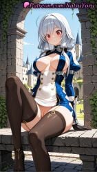 1girls 2025 ahoge ai ai_assisted ai_generated anime anime_style azur_lane black_gloves black_thighhighs breasts buttons cleft_of_venus day double-breasted dress female female_only garter_straps gloves hentai hi_res high_quality high_resolution highres knee_up large_breasts long_sleeves looking_at_viewer natsuyoru no_panties outdoors patreon pussy red_eyes short_dress shrug_(clothing) side_cutout sitting skindentation solo st._louis_(azur_lane) st._louis_(luxurious_wheels)_(azur_lane) stable_diffusion thighhighs thighs uncensored vagina voluptuous voluptuous_female white_hair
