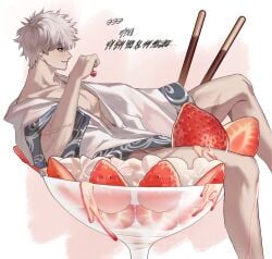 age0510 cherry cream food food_on_body food_play gintama gintoki_sakata kimono male male_only pale-skinned_male pale_skin parfait pocky scar scars side_view solo strawberry whipped_cream white_hair