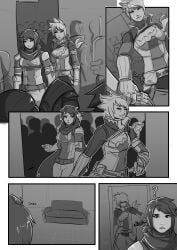 2girls comic comic_page crowd grabbing_hand hand_holding holly_(destiny_oc) hunter_(destiny) lirra_cal locking_door rifthebit smug_expression surprised_expression unitypressdigital warlock_(destiny) yuri yuri