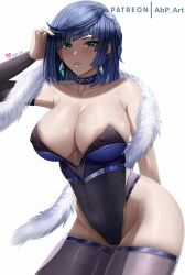 1girls 2022 abp_art artist_signature black_hair blue_hair breasts female female_only genshin_impact green_eyes highleg_leotard hips huge_breasts leotard short_hair slim_waist thick_thighs thighs wide_hips yelan_(genshin_impact)