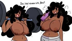 1girls ;d armpits bangs beauty_mark belly_button big_breasts black_eyes black_hair blush bottle breasts breasts_out bro_(murgoten) casual dark_nipples dialogue dumbbell english_text female hair_over_one_eye huge_breasts jogging_pants looking_at_viewer midriff murgoten open_mouth solo steam sweat topless weightlifting white_background workout