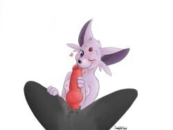 2017 animal_genitalia animal_penis anthro black_fur breasts canine canine_penis duo eeveelution espeon female first_person_view fur grey_fur heart highres knot licking looking_at_viewer male mammal nintendo one_eye_closed penis pokémon_(species) pokemon purple_fur sammy_the_tanuki smile spreading straight tongue tongue_out video_games wink