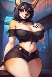 ai_generated big_breasts black black_hair breasts canid canine choker cleavage clothed clothing eyeshadow full_lips furry furry_female goth_girl goth_makeup hair hand_on_breast indoors inside jackal leaning_on_table lipstick makeup mammal seductive_eyes seductive_look seductive_pose shorts solo solo_female standing strapless_top tan_fur