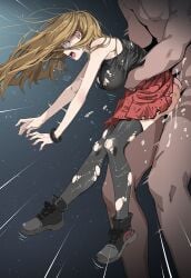 1boy black_background black_shirt black_shoes black_thighhighs breasts brown_hair clothed_female_nude_male commentary_request dangling_legs female gradient_background highres long_hair medium_breasts nude pokemon pokemon_xy rape red_skirt serena_(pokemon) sex sex_from_behind shirt shoes skirt standing standing_sex straight thighhighs torn_clothes torn_shirt torn_skirt torn_thighhighs torso_grab tsukishiro_saika