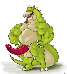 2_toes 3_fingers anthro balls bulge cuphead_(game) dragon erection grim_matchstick long_penis looking_at_viewer male male_only musclegut muscular nude open_mouth penis presenting simple_background slightly_chubby smile solo toes tongue tongue_out uniparasite