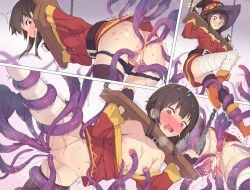 anus bandaged_leg bandages bare_shoulders black_choker black_gloves black_thighhighs blush boots bound brown_hair choker commentary_request dress female fingerless_gloves gloves hat highres kono_subarashii_sekai_ni_shukufuku_wo! long_hair megumin nipple_stimulation open_mouth pillory pussy red_boots red_dress red_eyes restrained sands9 separated_legs single_thighhigh skindentation solo stocks suspension sweat tentacle tentacle_sex thigh_gap thighhighs vaginal_penetration witch_hat