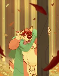 2022 animal_genitalia anthro balls belly big_belly black_nose blue_scarf canid canine chocolateandmilk dated eyewear fangs forest front_view fully_sheathed fur genitals goggles hi_res male mammal moobs navel nipples open_mouth orange_body orange_fur outside overweight overweight_anthro overweight_male plant scarf sheath signature solo standing teeth tongue tongue_out tree yellow_balls yellow_body yellow_fur yellow_sheath