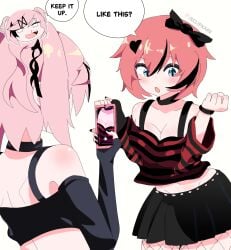 2girls big_breasts breasts chibi doki_doki_literature_club eclipxare female female_only goth medium_breasts multiple_females multiple_girls natsuki_(doki_doki_literature_club) nosebleed phone recording sayori_(doki_doki_literature_club) shocked wardrobe_malfunction yuri