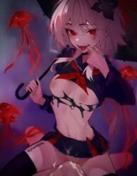 1boy 1girls belly_button blush breasts breasts_out cowgirl_position crop_top evernight_(honkai:_star_rail) female finger_in_mouth groin honkai:_star_rail jellyfish kerooosene legwear looking_at_viewer male nipples open_mouth pov red_eyes sex skirt small_breasts smile stomach straight teeth thighs tongue_out umbrella