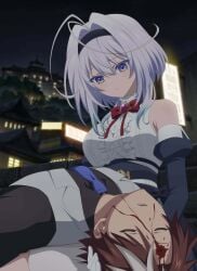 1boy antenna_hair black_hairband blood blood_from_forehead bow bowtie breasts bullet_hole center_frills closed_eyes corpse detached_sleeves female frills gloves grey_hair gunshot_wound hair_between_eyes hair_intakes hairband headshot highres key_visual large_breasts lilithea mata_korosarete_shimatta_nodesune_tantei-sama official_art outsuki_sakuya pout promotional_art purple_eyes red_bow red_bowtie shirt white_gloves white_shirt