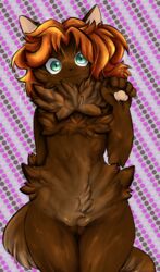 2017 anthro brown_fur digital_media_(artwork) feline feline female fluffy fluffy_tail fur green_eyes hair looking_at_viewer mainecoon mammal nude pussy raveneevee simple_background smile solo standing tuft wave