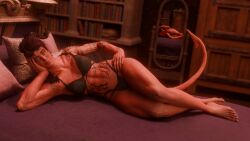 1girls 3d baldur's_gate_3 bed bedroom black_underwear blender broken_horn female karlach mirror muscular muscular_female posing posing_for_the_viewer red_skin sole_female tagme tail tiefling underwear underwear_only