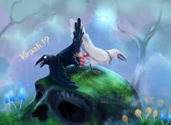 avian bird black_body black_feathers blush bodily_fluids bone brother_(lore) brothers_(lore) cloacal_penis cloudweaver_(artist) corvid corvus_(genus) duo entwined_penises feathers feral fog foggy_background frottage fungus genital_fluids genitals glowing glowing_eyes hi_res hugin_(valheim) incest_(lore) leaking_precum looking_at_viewer male male/male munin_(valheim) mushroom open_mouth oscine passerine penile penis penises_touching plant precum prehensile_penis raven sex sibling_(lore) skull surprised tapering_penis text tree valheim white_body white_feathers