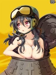 :o areolae big_head black_hair breast_press breast_squish breasts chestnut_mouth cleavage dark_hair dog_tags facing_away female goggles goggles_on_forehead goggles_on_head hair_between_eyes hair_over_breasts heart heart-shaped_pupils helmet kerberos_blade large_breasts long_hair looking_away necklace neoteny official_art pink_eyes ryoji_(nomura_ryouji) soldier solo sweat sweating tank topless