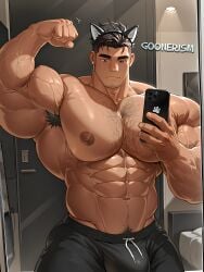 1boy abs ai_art ai_generated armpit_hair armpit_tuft bara beard biceps big_biceps big_muscles big_pecs bored brown_eyes bulge bulge_through_clothing chest_hair ear_piercing earrings facial_hair fake_animal_ears flexing gay goonerism hairy_chest happy_trail headband headwear huge_biceps huge_muscles huge_pecs human indoors looking_down male manly mature mature_male mirror mirror_selfie muscular muscular_male musk nipples patreon phone pointy_ears pubic_tuft self_upload selfie shorts smartphone solo taking_picture v-line veiny veiny_muscles watermark wolf_ears yaoi