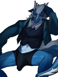 2024 2_horns 3:4 anthro bedroom_eyes biped black_clothing black_eyes black_underwear blue_body bulge clothing countershading detailed_bulge dragon erection erection_under_clothing fur furred_dragon furred_scalie genitals hair hand_on_head hi_res horn jacket jaybeyyy looking_at_viewer male mythological_creature mythological_scalie mythology narrowed_eyes penis penis_base scalie seductive solo tail tail_mane tongue tongue_out topwear underwear vest white_body white_countershading white_hair yellow_sclera