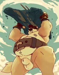 2022 animal_genitalia anthro balls belly belt big_belly brown_belt canid canine chocolateandmilk clothing dated fangs front_view fur genitals gloves handwear hat headgear headwear hi_res holding_object low-angle_view male mammal moobs mostly_nude mouth_closed mythological_canine mythological_creature mythology nipples obese obese_anthro obese_male orange_body orange_fur outside overweight overweight_anthro overweight_male sheath signature solo teeth werecanid werecanine werecreature werewolf yellow_balls yellow_body yellow_fur yellow_sheath