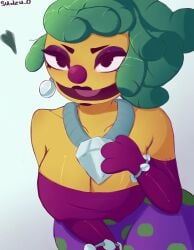 1girls ass ass_bigger_than_head big_ass big_breasts big_butt big_eyes big_hands big_nipples big_nose big_thighs brawl_stars breasts curvy curvy_hair decorations dress dressed earrings eyebrows eyelashes female female_focus female_only green_hair hand_on_breast heart heart_symbol highres language lola_(brawl_stars) loopy_lola_(brawl_stars) no_sex only_female only_girl open_mouth pomade purple_dress red_nose safe_for_work sfw sudzu_0 supercell thighs thighs_large thighs_together tits_bigger_than_head watermark white_background wide_mouth yellow_body