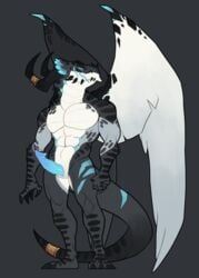 2017 anthro bioluminescence black_scales blue_penis bracelet claws dragon feathered_wings feathers furrypuddingthegreat glowing horn jewelry looking_at_viewer male male_only muscular nude pecs penis scales scar simple_background smile solo standing white_scales wings xerias