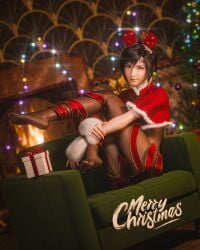 3d 3d_(artwork) asian asian_female barefoot black_hair blender christmas christmas_clothing christmas_decorations christmas_hat christmas_headwear christmas_outfit crossed_legs drayqin feet feet_up final_fantasy final_fantasy_vii final_fantasy_vii_rebirth final_fantasy_vii_remake legs_up looking_at_viewer pantyhose santa_costume santa_dress santa_hat sofa soles soles_female stockings tagme teenage_girl teenager toes yuffie_kisaragi
