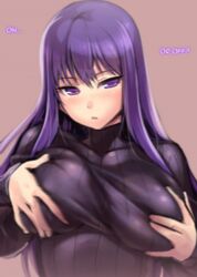 animated bangs black black_sweater blush breast_hold breasts deep_skin embarrassed english_text eyebrows eyebrows_visible_through_hair eyelashes female female_only fingernails hair_between_eyes large_breasts light-skinned long_hair long_sleeves looking_at_viewer magic malariya ono_misao parted_lips photoshop purple purple_eyes purple_hair quiz_magic_academy ribbed_sweater self_fondle sidelocks solo stroke_(animator) sweater text turtleneck unaligned_breasts upper_body