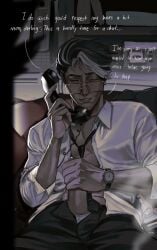 alastor_(hazbin_hotel) dannelkat glasses jerkingoff late_night loose_tie one_eye_closed open_shirt phone_sex sweatdrop vox_(hazbin_hotel)