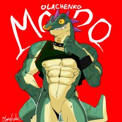 1:1 2026 abs anthro basketball_uniform bottomless bottomless_anthro bottomless_male clothed clothing collar digital_media_(artwork) facial_piercing featureless_crotch goat_(movie) green_body green_clothing green_scales green_shirt green_topwear head_spikes hi_res komodo_dragon lip_piercing lizard male modo_olachenko monitor_lizard muscular muscular_anthro muscular_male neck_piercing nettsakuragi no_genitals no_penis nose_piercing nose_ring pecs piercing purple_spikes red_background reptile ring_piercing scales scalie septum_piercing septum_ring shirt simple_background smile solo sony_corporation sony_pictures spikes spikes_(anatomy) sportswear studded_collar studs tail teeth text topwear uniform white_text yellow_sclera