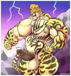 abs anthro balls bara big_balls big_pecs big_penis cheetah feline flexing huge_pecs humanoid_penis hyper hyper_muscles looking_at_viewer male male_only mammal muscular muscular_male nipple_piercing nipples open_mouth pecs penis piercing solo standing sxf-pantera sxfpantera tribal uncut