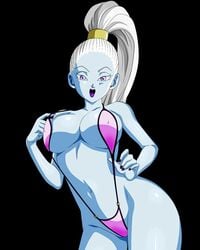 1girls :d angel angel_(dragon_ball) big_breasts bikini blue_skin breasts dragon_ball dragon_ball_super female female_only long_hair nipples open_mouth ponytail purple_bra purple_eyes purple_panties smile solo thong universe_6 universe_6/universe_7 vados white_hair