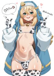 androgyne_symbol aqua_eyes blonde_hair blush bo_(bocky0w0) bridget bulge cowbell cowbell_collar cowprint cowprint_armwear cowprint_bikini cowprint_thighhighs femboy_focus femboy_only gloves guilty_gear long_sleeves looking_at_viewer navel otoko_no_ko slender_body small_penis smiling trap