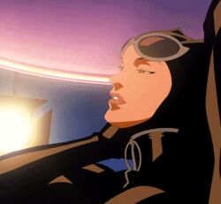 animated batman_(series) black_clothing bodysuit braless breasts catwoman catwoman_(year_one) cleavage clothed_female dc dc_comics exhibitionism female femme_fatale goggles_on_head large_breasts latex leather navel no_sound official_animation official_art seductive selina_kyle shorter_than_30_seconds solo solo_focus stage stripper stripping striptease teasing undressing undressing_self unzipped unzipped_bodysuit zipper