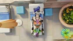 3d above_view alternate_costume anal anal_insertion ass_to_ass blender blue_hair chair dark-skinned_female dark_skin double_dildo duo female_only functionally_nude gradient_hair lounge_chair meltrib mostly_clothed overwatch pale-skinned_female sombra talon_widowmaker tulum_sombra widowmaker yuri